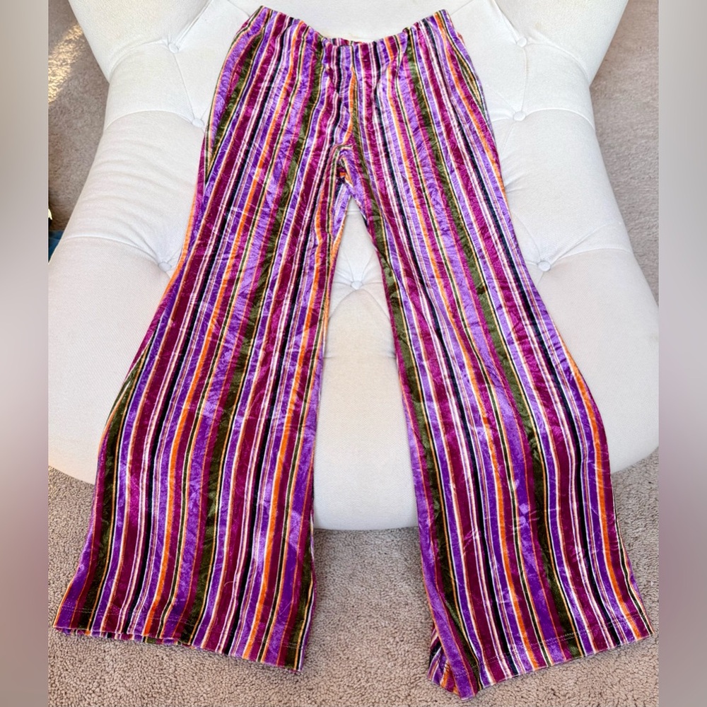 Girls' Multicolor Velvet Stripe Wide-Leg Pants - Purple